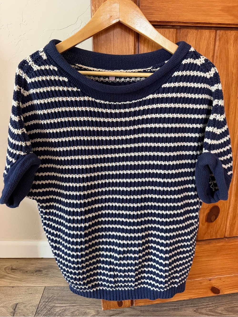 Calypso St. Barth Navy Blue White Striped Knit Short Sleeve sweater top small